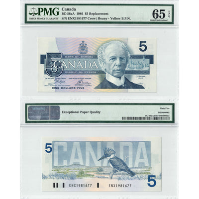 $5 1986 Bank of Canada Note ENX Replacement Prefix BC-56aA - PMG Gem UNC-65 EPQ