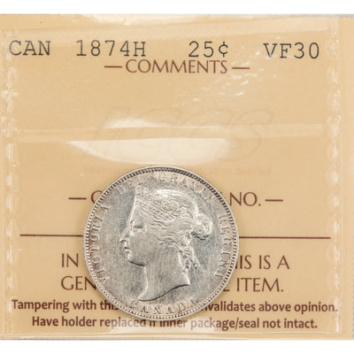 Canada 1874-H 25 Cents Quarter Silver Coin - ICCS VF-30