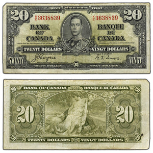 SOLD $20 1937 Bank of Canada Note Coyne-Towers K/E Prefix BC-25c - Pinholes
