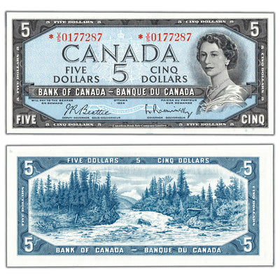 SOLD $5 1954 Bank of Canada Note *V/S Replacement Prefix BC-39bA - AU/UNC