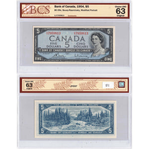 SOLD $5 1954 Bank of Canada Note Bouey-Rasminsky U/X Prefix BC-39c - BCS UNC-63