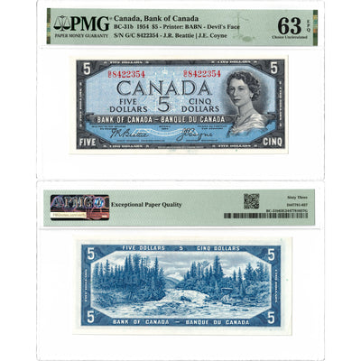 SOLD $5 1954 Bank of Canada Note Devil Face G/C Prefix BC-31b - PMG Ch UNC-63 EPQ