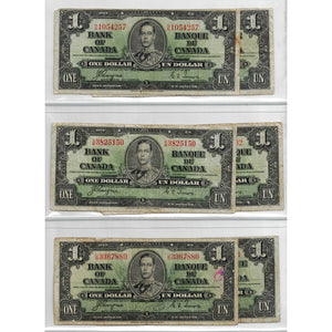 SOLD Lot of 6 $1 1937 Bank of Canada Notes Coyne-Towers BC-21d - All Circulated Grades