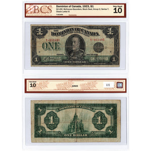 SOLD $1 1923 Dominion of Canada Note Black Seal Series T DC-25f - BCS VG-10