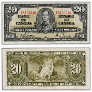 SOLD $20 1937 Bank of Canada Note Gordon-Towers B/E Prefix BC-25b - VF/EF