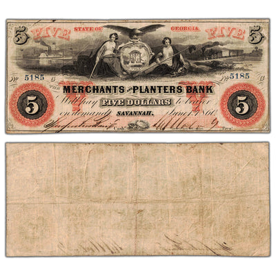 United States 1860 Merchants & Planters Bank $5 Obsolete Note - Minor Pinholes