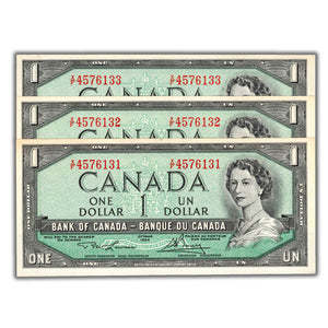 SOLD $1 1954 Bank of Canada Notes X/F Prefix BC-37d - 3 Consecutive - UNC