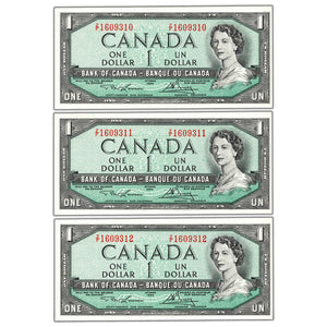SOLD $1 1954 Bank of Canada Notes Z/F Prefix BC-37d - 3 Consecutive UNC
