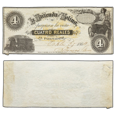 SOLD Argentina La Hacienda Del Molino 1864 4 Four Reales Note