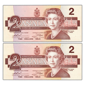 SOLD $2 1986 Bank of Canada Notes BBX Replacement BC-55bA - 2 Consec AU/UNC