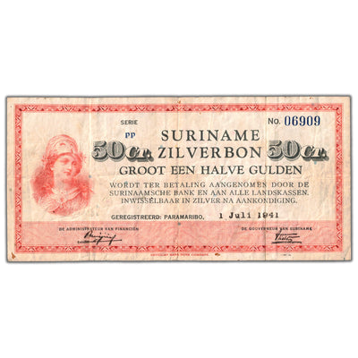 Suriname 1941 50 Cents Zilverbon Note P #104b - VF