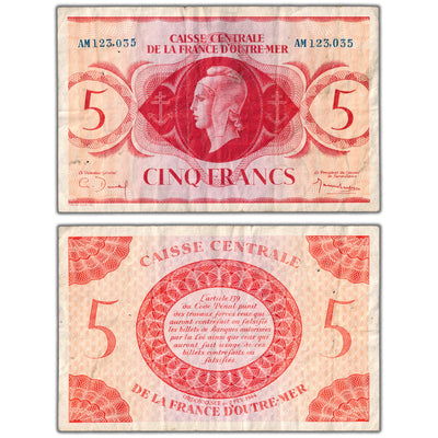 Reunion ND (1944) 5 Five Francs Note P #36 - VF (staple hole)