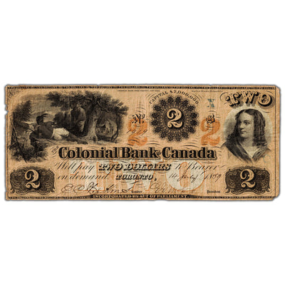 SOLD $2 1859 Colonial Bank of Canada Chartered Note #130-10-02-04 - Circulated