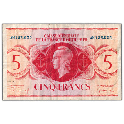 Reunion ND (1944) 5 Five Francs Note P #36 - VF (staple hole)
