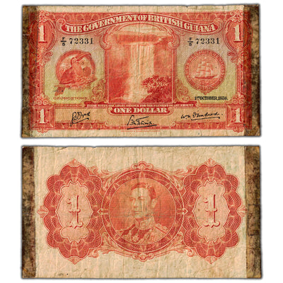 British Guiana 1938 $1 One Dollar Note P #12 - Damaged/Tape