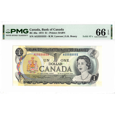 $1 1973 Bank of Canada Note AG Prefix Solid Serial 5555555 BC-46a - PMG Gem UNC-66 EPQ