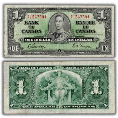 $1 1937 Bank of Canada Note Gordon-Towers X/A Prefix BC-21c - F/VF
