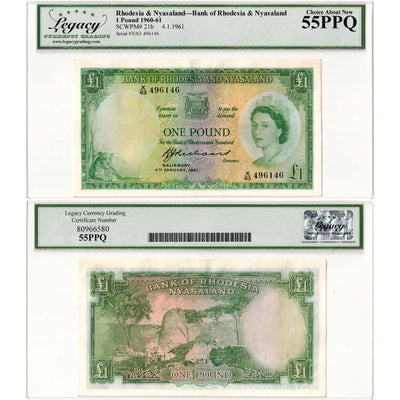 SOLD Rhodesia & Nyasaland 1961 1 One Pound Note P #21b - Legacy AU-55 PPQ