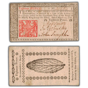 SOLD United States New Jersey 1776 18 Eighteen Pence Colonial Note NY #176