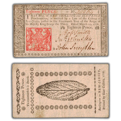 SOLD United States New Jersey 1776 18 Eighteen Pence Colonial Note NY #176