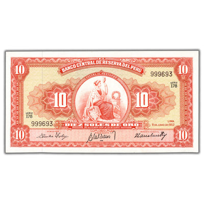 SOLD Peru 1962 10 Soles Note P #84a - Choice UNC
