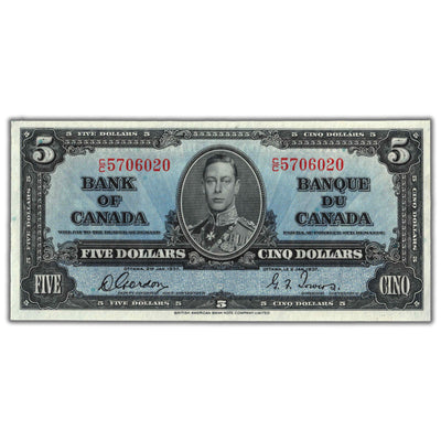 SOLD $5 1937 Bank of Canada Note Gordon-Towers C/C Prefix BC-23b - Choice UNC