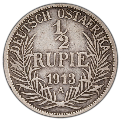 German East Africa 1913 A 1/2 Rupie Silver Coin KM #9