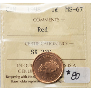 SOLD Canada 1998 1 Small Cent Coin - ICCS MS-67 Red