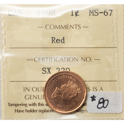 SOLD Canada 1998 1 Small Cent Coin - ICCS MS-67 Red