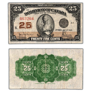 SOLD S25 Cents 1923 Dominion of Canada Note Shinplaster Hyndman DC-24b - Pressed