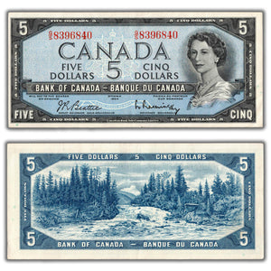 SOLD $5 1954 Bank of Canada Note Beattie-Rasminsky G/S Prefix BC-39b - VF/EF