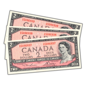 SOLD $2 1954 Bank of Canada Notes V/G Prefix BC-38d- 3 Consecutive UNC