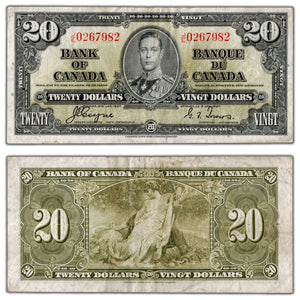 SOLD $20 1937 Bank of Canada Note Coyne-Towers J/E Prefix BC-25c - VF