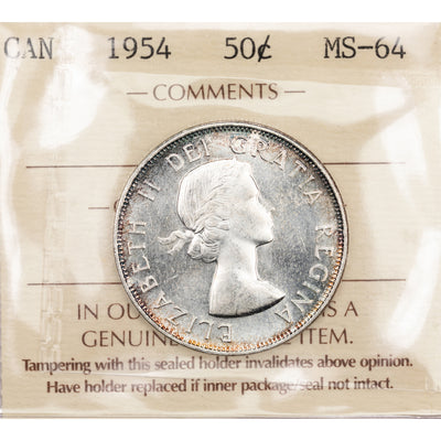SOLD Canada 1954 50 Cents Half Dollar Silver Coin - ICCS MS-64