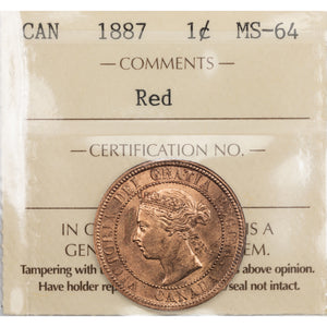 SOLD Canada 1887 1 Large Cent Coin - ICCS MS-64 Red