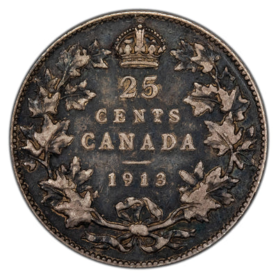 Canada 1913 25 Cents Quarter Silver Coin - Very Fine