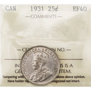SOLD Canada 1931 25 Cents Quarter Silver Coin - ICCS EF-40