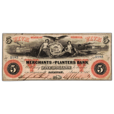 United States 1860 Merchants & Planters Bank $5 Obsolete Note - Minor Pinholes