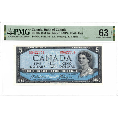 SOLD $5 1954 Bank of Canada Note Devil Face G/C Prefix BC-31b - PMG Ch UNC-63 EPQ