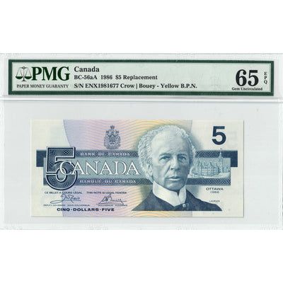 $5 1986 Bank of Canada Note ENX Replacement Prefix BC-56aA - PMG Gem UNC-65 EPQ