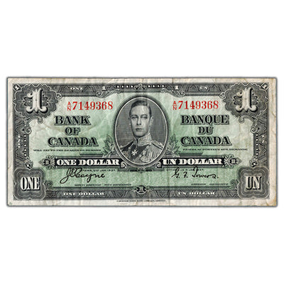 $1 1937 Bank of Canada Note A/N Prefix BC-21d - F/VF (small edge tear)