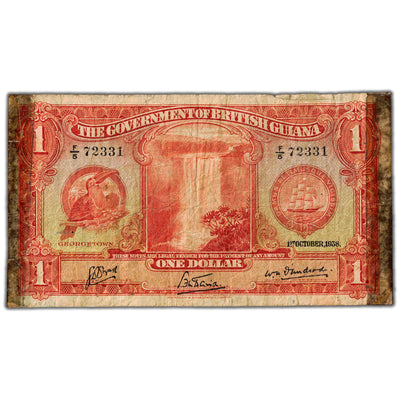 British Guiana 1938 $1 One Dollar Note P #12 - Damaged/Tape
