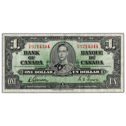 $1 1937 Bank of Canada Note Gordon-Towers Y/A Prefix BC-21c - VF+
