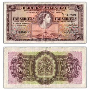 SOLD Bermuda 1957 5 Five Shillings Note P #18b - Circulated