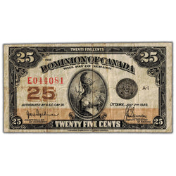 25 Cents 1923 Dominion of Canada Shinplaster Note DC-24a - Fine