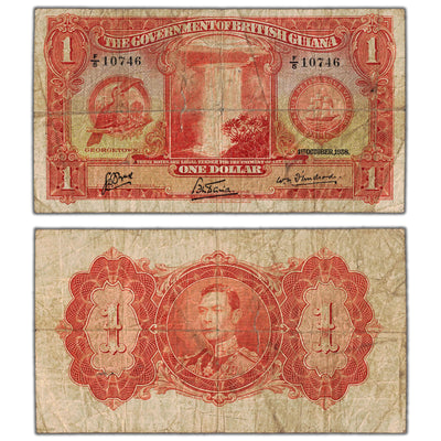 British Guiana 1938 $1 One Dollar Note P #12 - Internal Tear