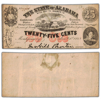 United States The State of Alabama 1863 25 Cents Note