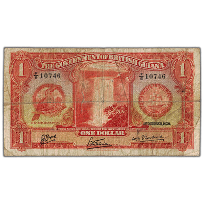 British Guiana 1938 $1 One Dollar Note P #12 - Internal Tear
