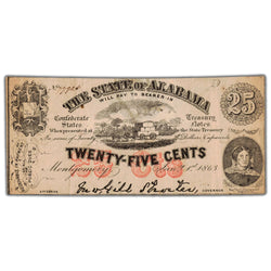 United States The State of Alabama 1863 25 Cents Note