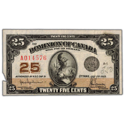 25 Cents 1923 Dominion of Canada Shinplaster Note DC-24a - VF+ (issues)